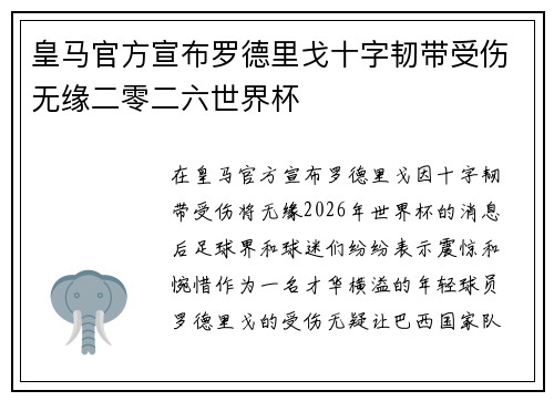 皇马官方宣布罗德里戈十字韧带受伤无缘二零二六世界杯