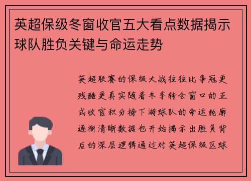 英超保级冬窗收官五大看点数据揭示球队胜负关键与命运走势